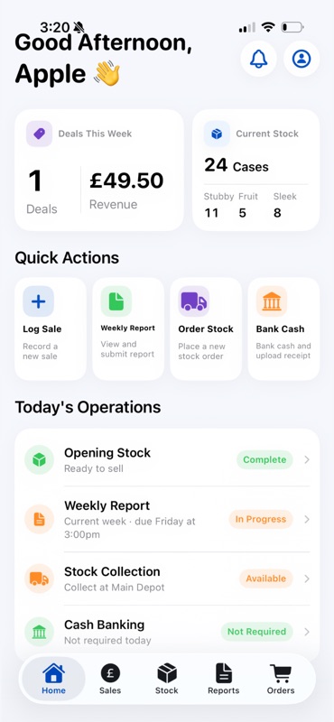 Kraylo driver app home showing deals, stock, sales, reports and banking